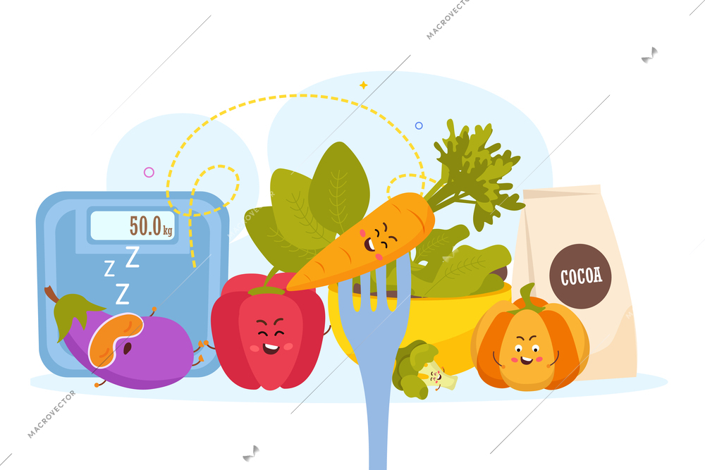 Vegan diet flat composition with cartoon vegetables scales sachet of cocoa powder icons vector illustration