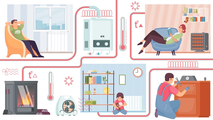 Heating system concept with convenience and control symbols flat vector illustration