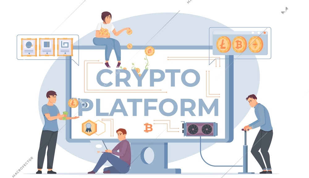 Crypto platform concept with technology symbols flat vector illustration