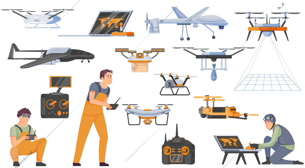 Drones icons set with unmanned aerial vehicles symbols flat isolated vector illustration