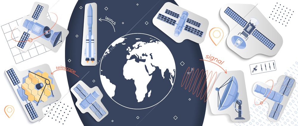 Satellites collage with telecommunication and data symbols flat vector illustration