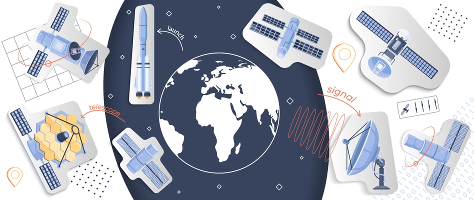 Satellites collage with telecommunication and data symbols flat vector illustration