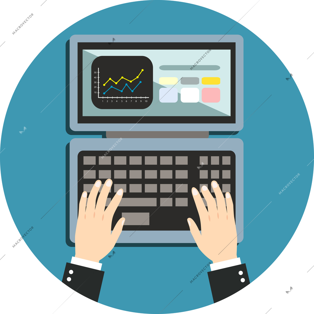 Business hand on notebook computer keyboard with open screen vector illustration