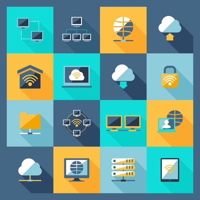 Network hosting data service web connection icons flat set isolated vector illustration