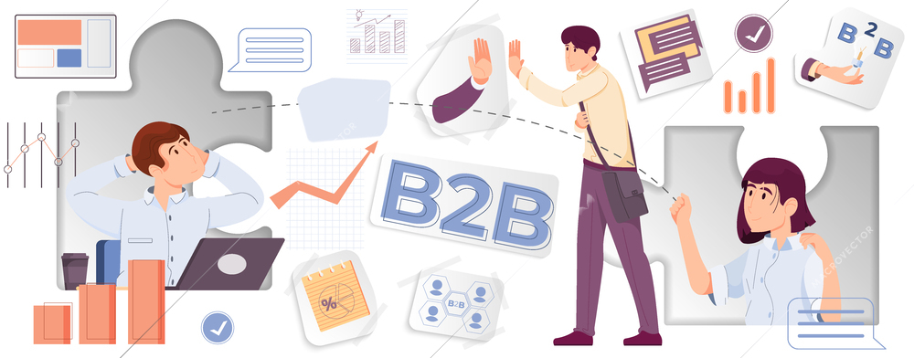 Business to business collage with customer and buying symbols flat vector illustration