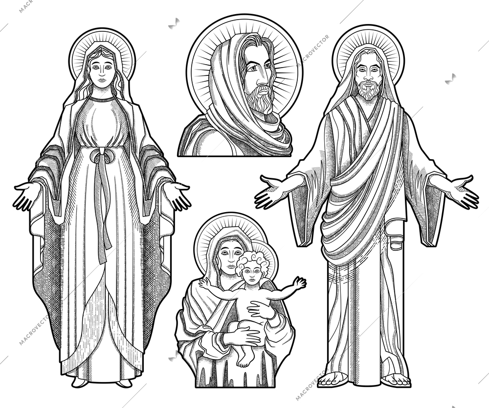 Jesus christ virgin mary drawing set with isolated outline images monochrome looks of saints for coloring vector illustration