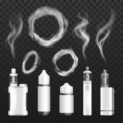 Realistic vape smoke rings set of isolated icons with white smoke puffs and disposable smoking devices vector illustration