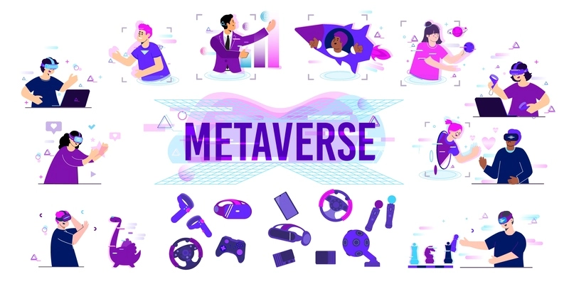 Metaverse flat set with isolated images of wearable gaming accessories and human characters into virtual reality vector illustration