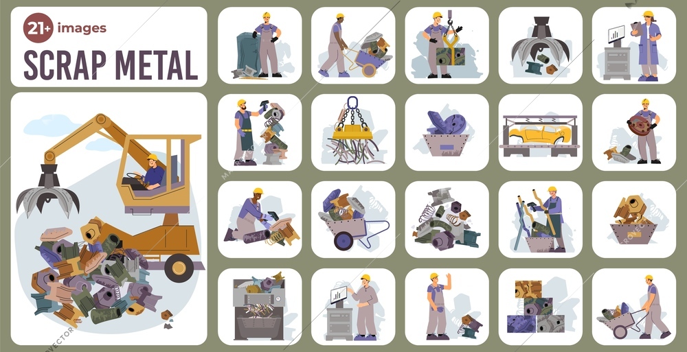 Scrap metal set with square shaped compositions of flat images with waste iron junk and workers vector illustration