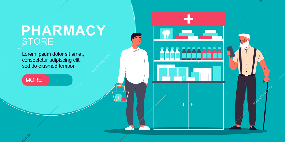 Pharmacy store horizontal banner with  healthcare symbols flat vector illustration