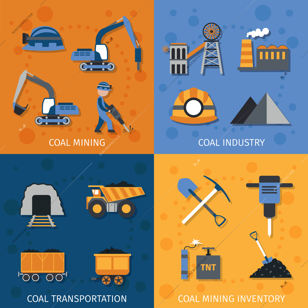 Coal industry design concept set with mining transportation inventory flat icons isolated vector illustration