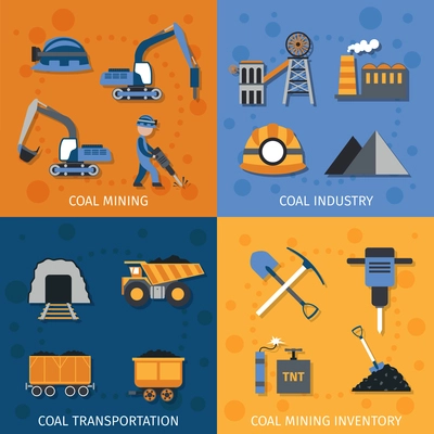 Coal industry design concept set with mining transportation inventory flat icons isolated vector illustration