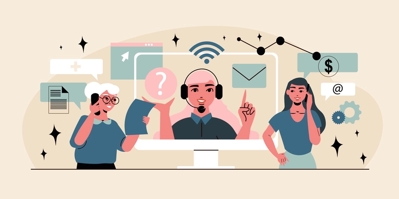 Call center concept with operator making remote assistance to customers vector illustration