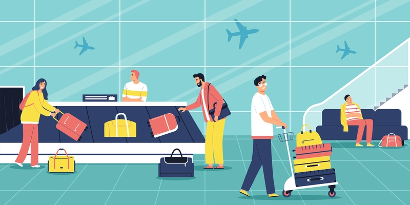 People collecting their suitcases at baggage carousel at airport flat vector illustration