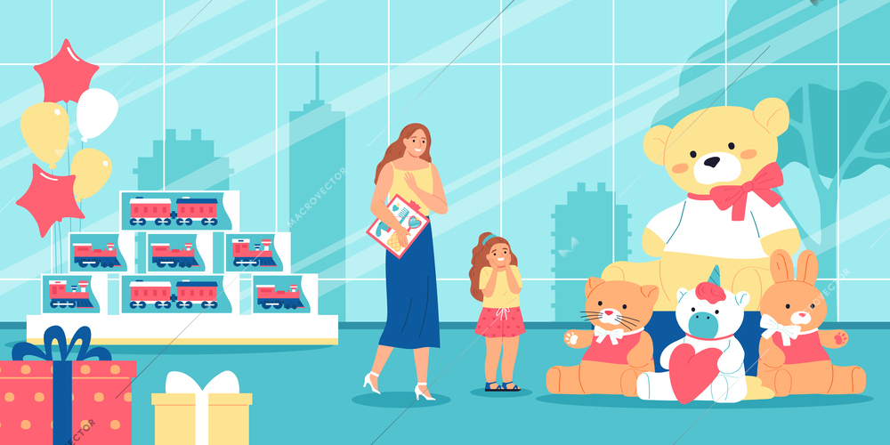 Mum and happy daughter looking at big stuffed animals at toy shop flat vector illustration