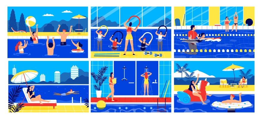People having fun relaxing having shower doing workout in swimming pool flat color set isolated vector illustration