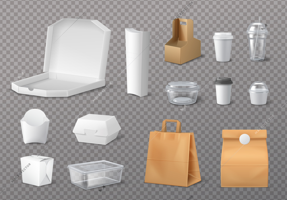 Takeout fastfood package realistic set with isolated images of craft paper bags cups on transparent background vector illustration