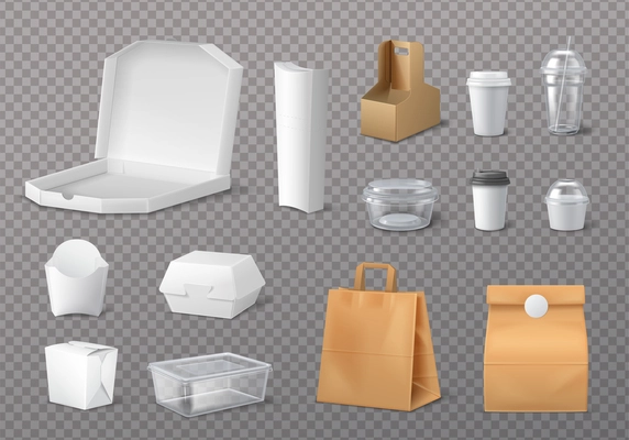 Takeout fastfood package realistic set with isolated images of craft paper bags cups on transparent background vector illustration