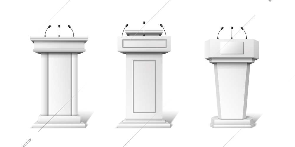 Elections voting set with three isolated realistic views of tribunes for speaking candidates authorities with microphones vector illustration