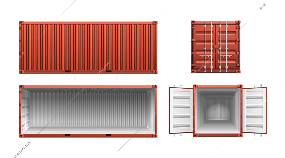 Cargo container realistic set with four isolated images of different angle views of long shipping container vector illustration