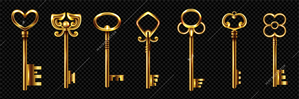 Realistic vintage keys transparent set with isolated images of retro design golden keys on black background vector illustration