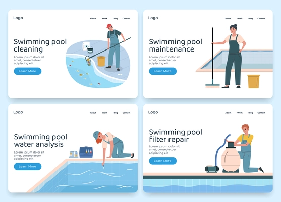 Swimming pool maintenance flat web site banners set with workers in uniform cleaning doing water analysis and repairing filter isolated vector illustration