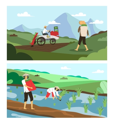 Asian farmers wearing straw hats working on fields flat set of two horizontal banners isolated vector illustration