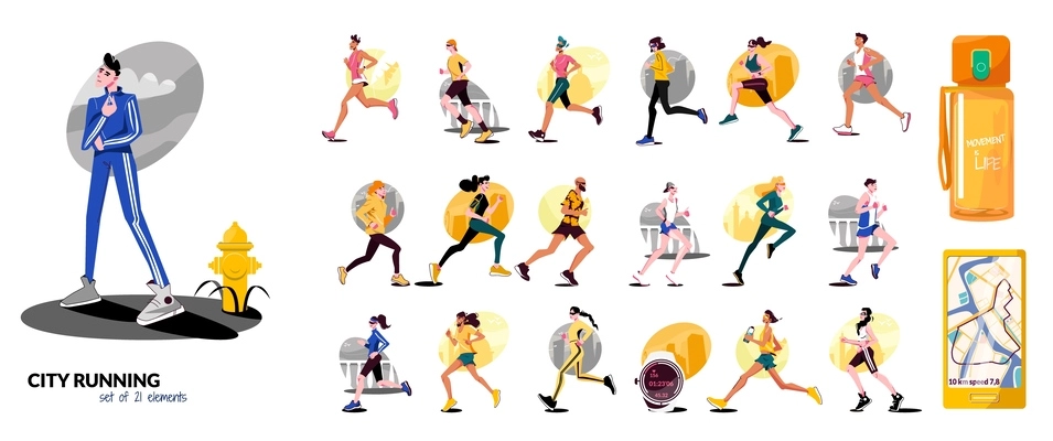 City running flat composition set men and women run in different places in the city and their sports attributes vector illustration