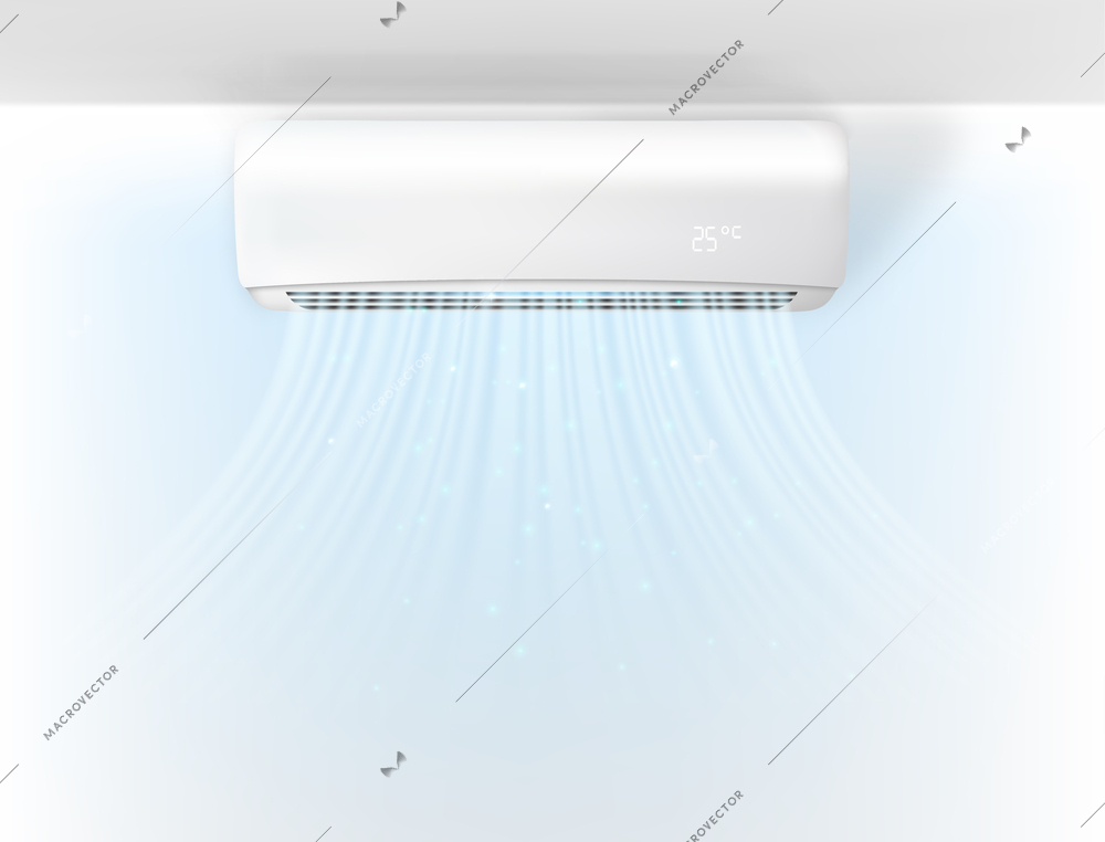 Air conditioner with flows of cold air on wall realistic vector illustration