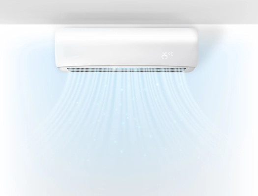 Air conditioner with flows of cold air on wall realistic vector illustration