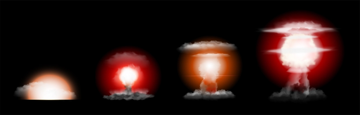 Powerful nuclear explosion stages isolated on black background realistic vector illustration