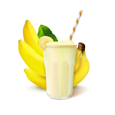 Glass of banana smoothie with slice and straw realistic composition with bunch of unpeeled fruit and green leaf vector illustration