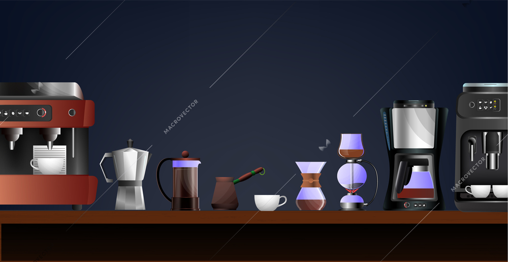 Coffee equipment flat composition with moka pot automatic machine cup jezve french press on table against dark background vector illustration