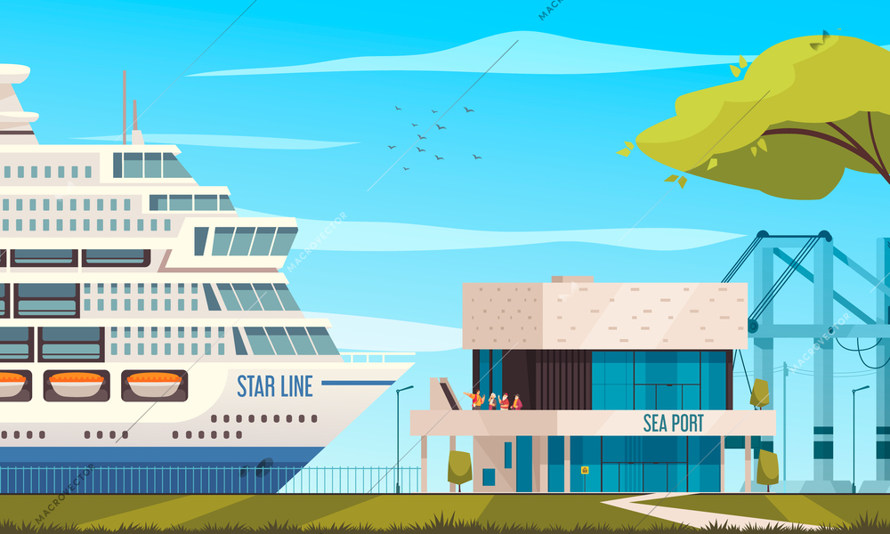 Cruise ship cartoon with travel vessel arriving at sea port vector illustration