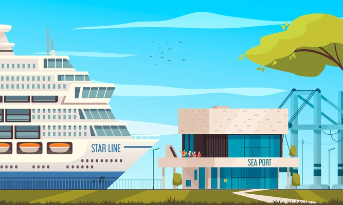 Cruise ship cartoon with travel vessel arriving at sea port vector illustration