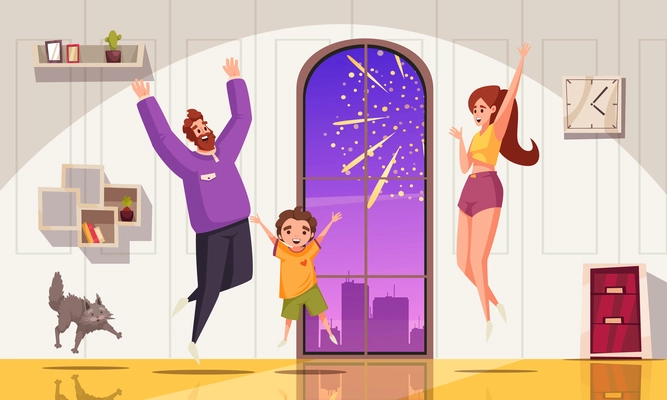 Fireworks cartoon composition with happy family members watching salute from home vector illustration