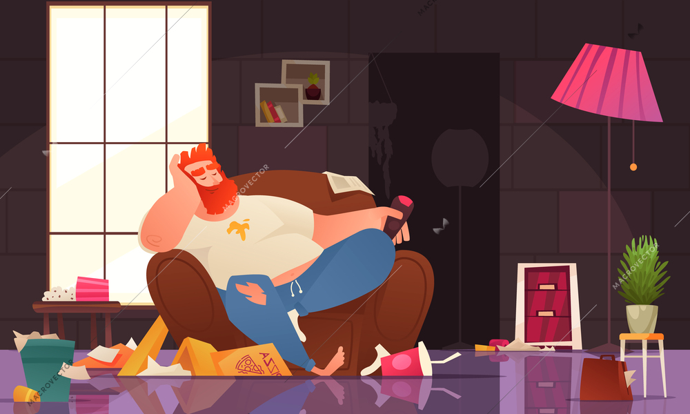 Lazy person cartoon with man with tv remote control in dirty messy house vector illustration
