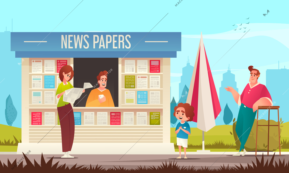 Newspaper kiosk cartoon scene with paper buying news medium vector illustration