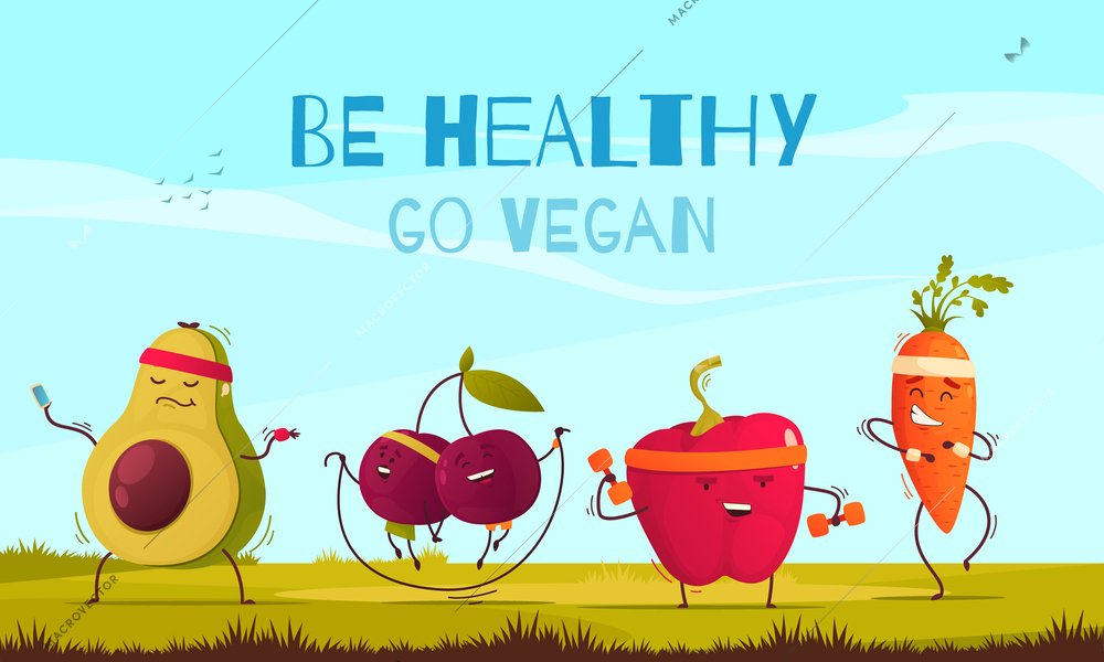 Funny fruits cartoon composition with sporty vegetables and go vegan message vector illustration