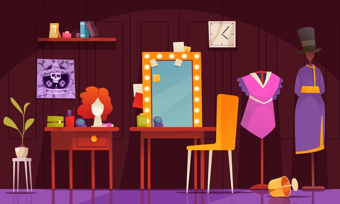 Artist dressing room cartoon composition with empty space theater costumes and makeup mirror vector illustration