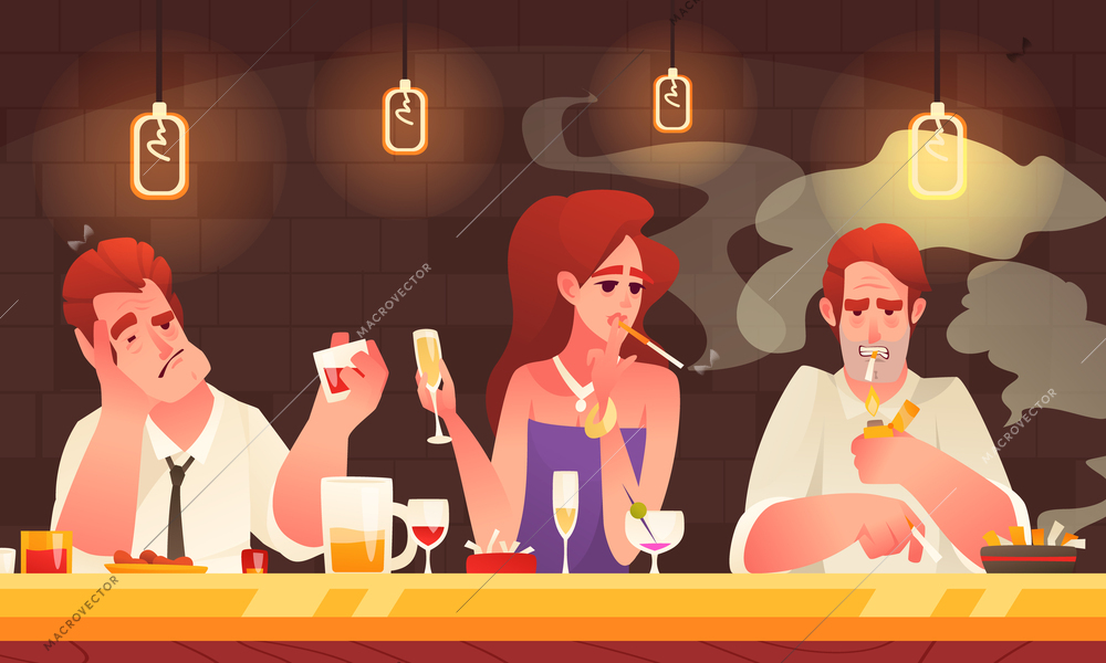 Addicted people cartoon concept with men and woman drinking and smoking in bar vector illustration