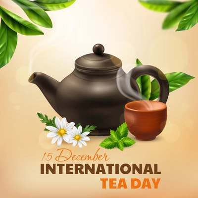 International tea day poster with clay teapot and steaming cup realistic vector illustration