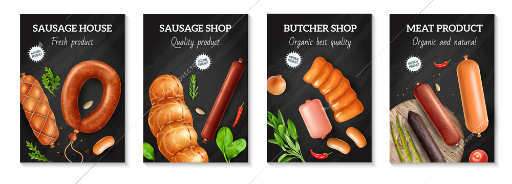 Realistic sausage poster set with four vertical compositions of meat products greens and editable ornate text vector illustration