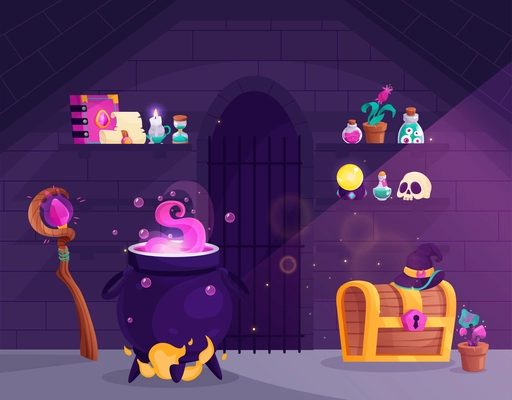 Magic room interior composition with indoor view of witch dwelling with boiling cauldron staff and chest vector illustration