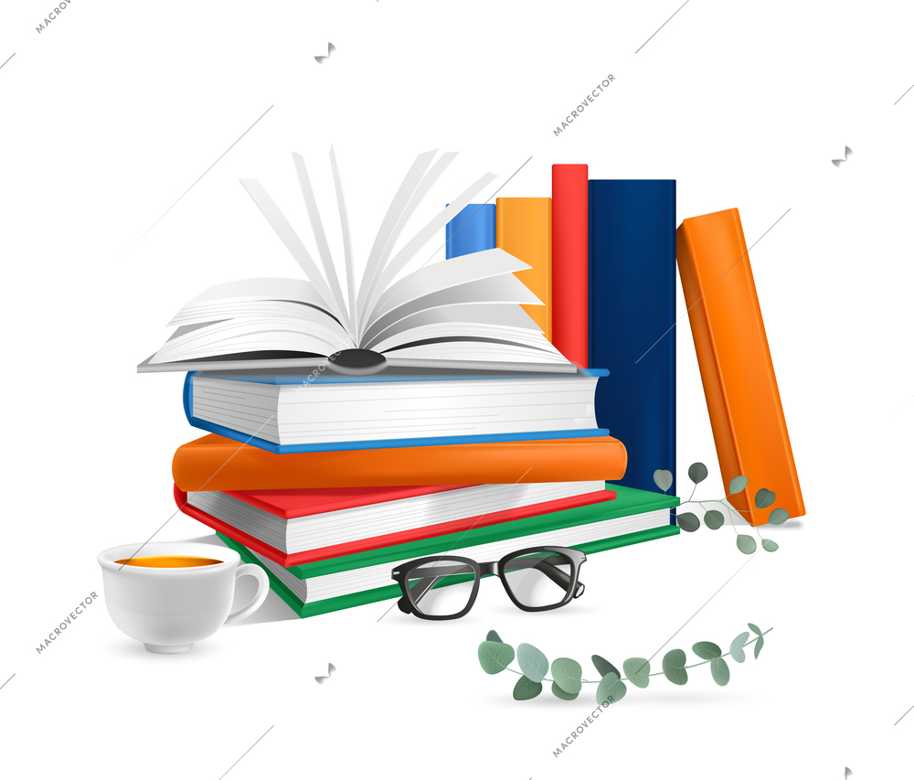 Realistic book lover composition with stack of colorful books with eyeglasses home plants and tea cup vector illustration