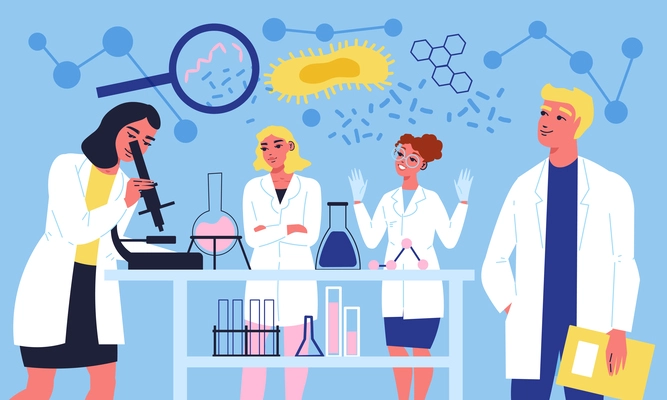 Science laboratory flat background with team of scientists at workspace for chemical experiments vector illustration