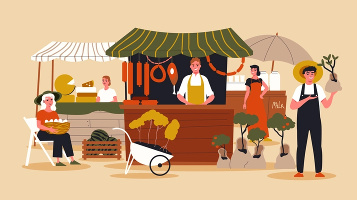 Farmers market flat background with sellers offering products of their own production vector illustration