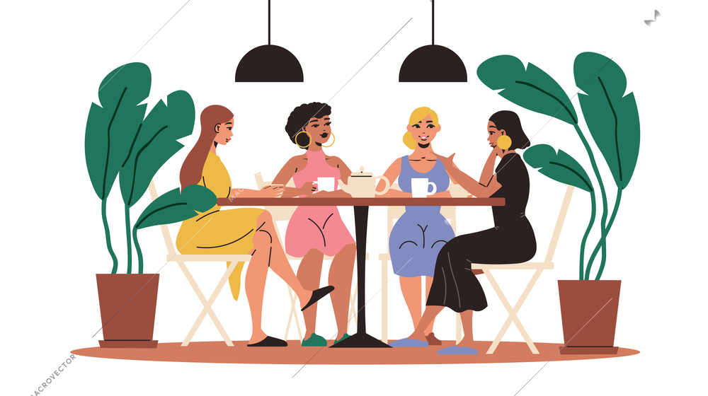 Conversation over cup of tea flat composition with group of four young female friends meeting in cafe vector illustration