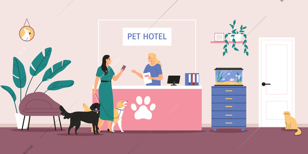 Pet hotel reception lobby interior with woman and two dogs flat vector illustration