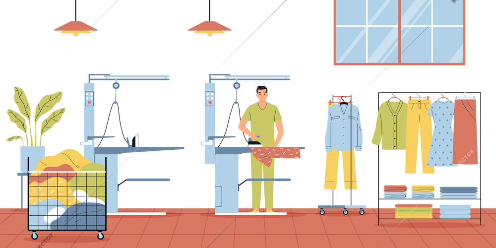 Laundry interior with hangers and man ironing clean clothes flat vector illustration